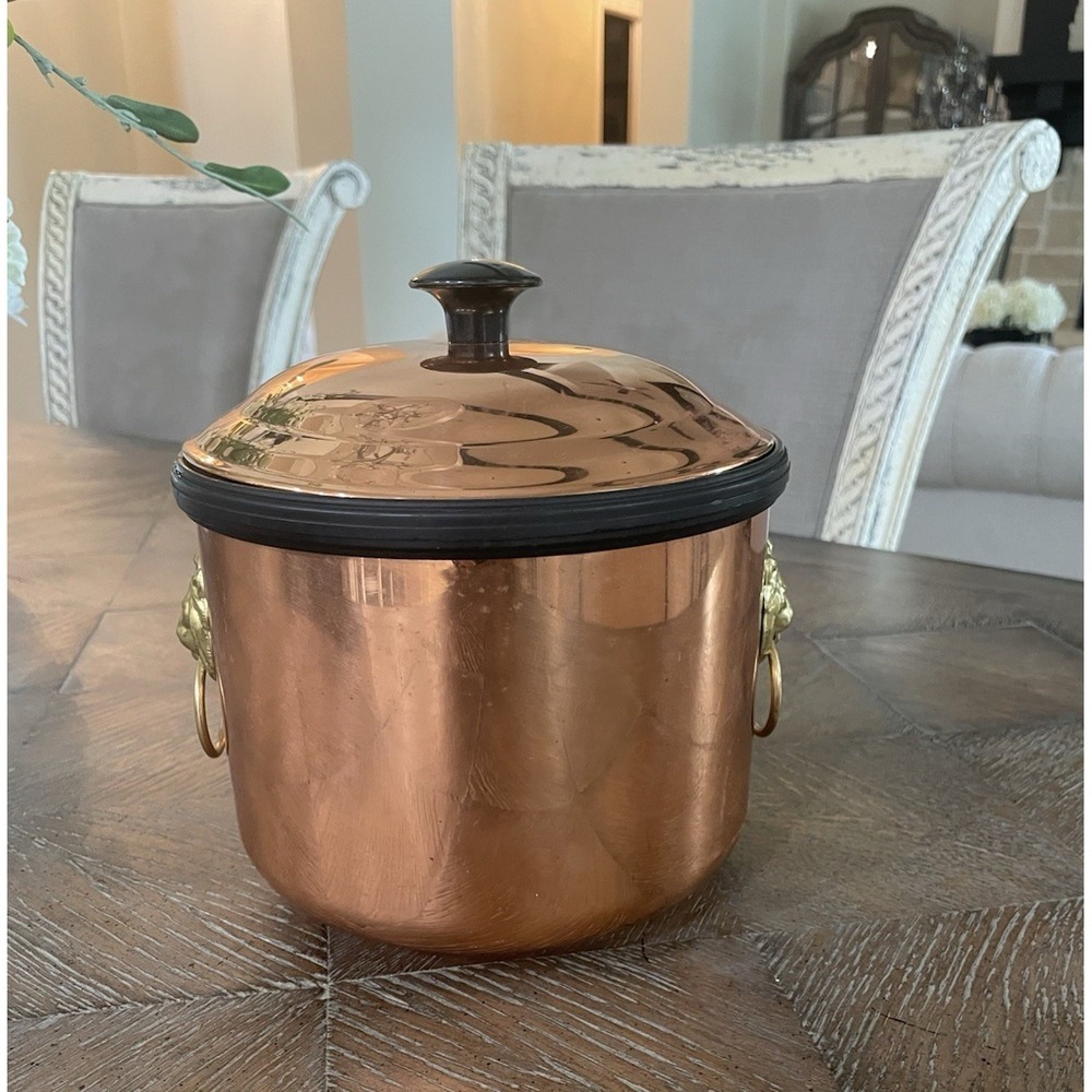 Vintage MCM Coppercraft Guild Copper Ice Bucket 2 Brass  Lion Head Handles 7x7"